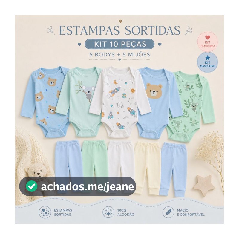 Kit 10 Peças Roupinhas de Bebê Body Longo Liso ou Estampado e Mijão