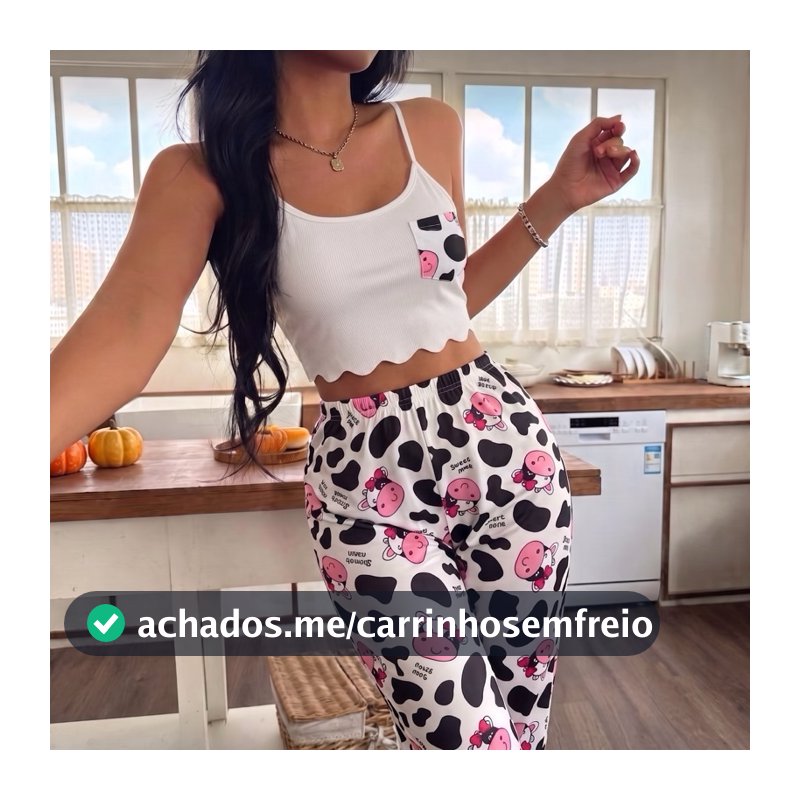 Pijama Cropped e Calça Feminino Estampas Fofas Dormir Baby Doll Frio Verão