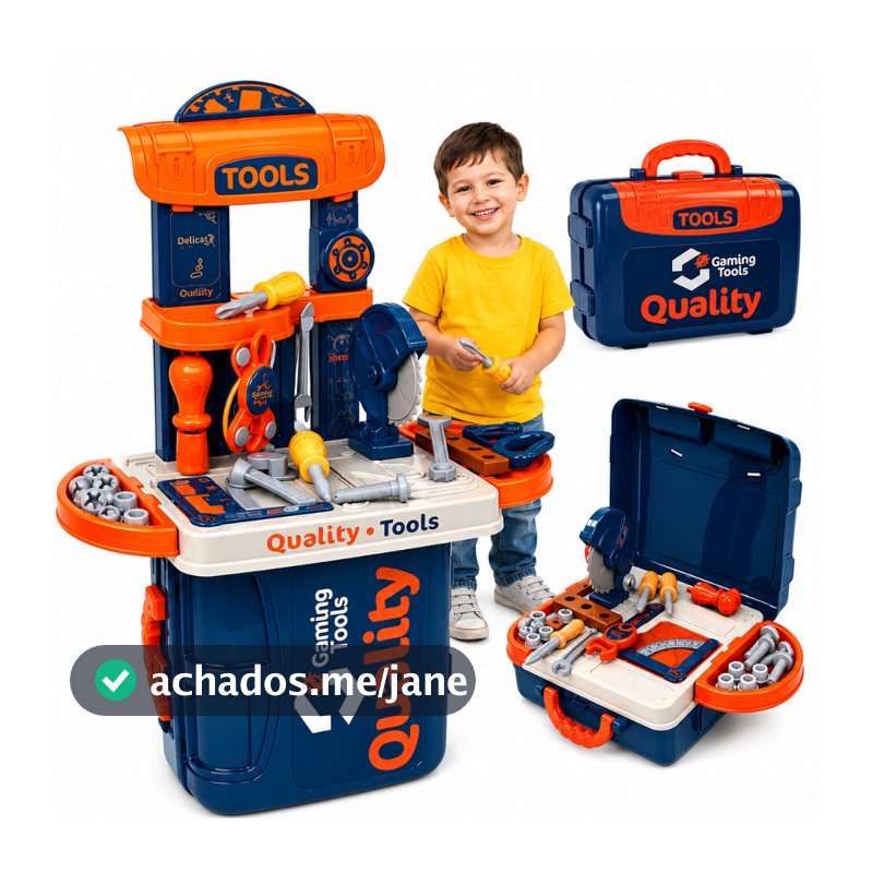 Maleta de Ferramantas Infantil Brinquedo Faz de Conta Bancada Mesa Kit Oficina Estojo Acessorios