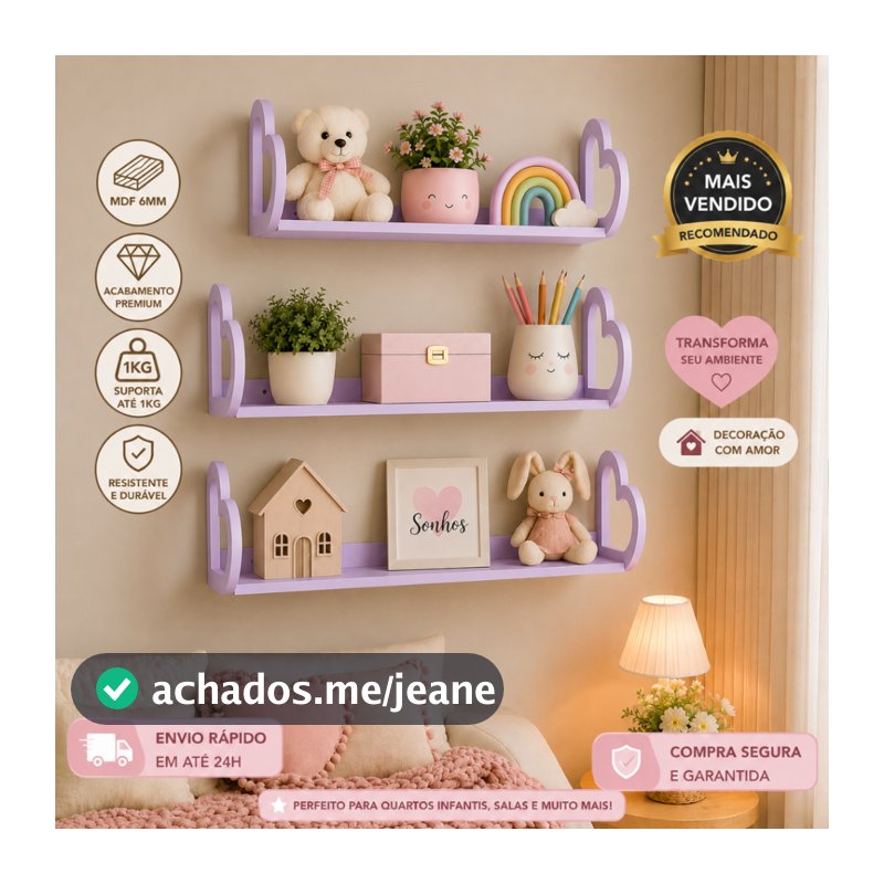 Kit 3 Prateleiras Modelo Amor Corações Decoração Quarto Sala