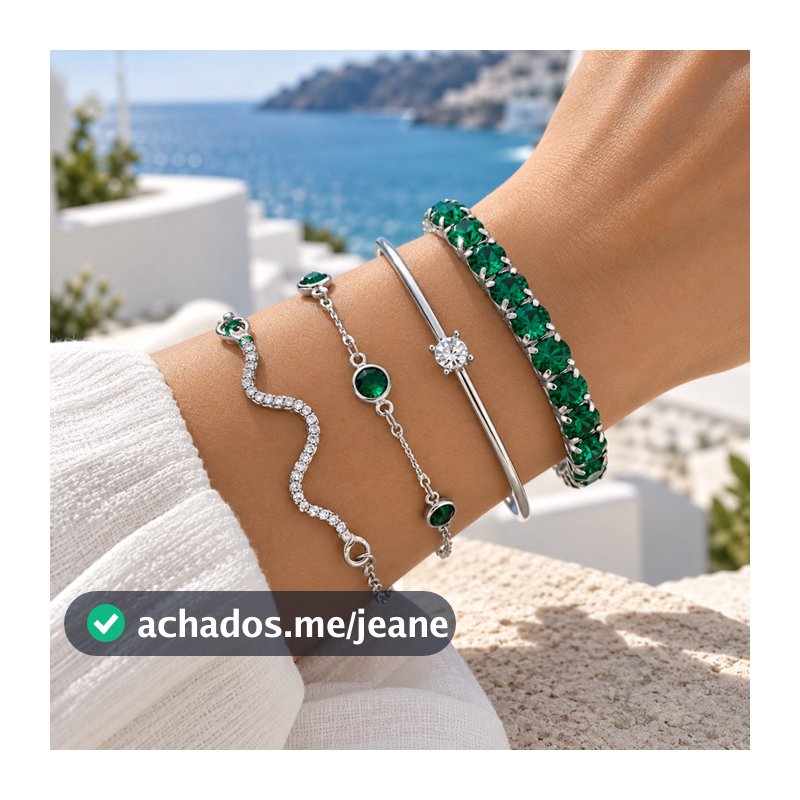 Kit 4 Pulseiras Femininas Prata com Pedras Verdes Braceletes Brilhantes