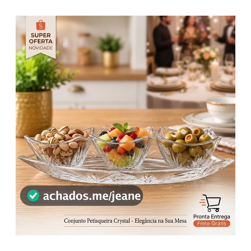 Petisqueira de Vidro Com Bandeja 4 Peças 3 Bowls Kit Servir Petiscos Frios Molhos Mesa Posta Luxo