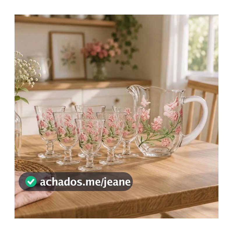 Jogo Jarra 1,5L com 6 Taças 240ml Hand Painting Lyor Cristal Elegante Sofisticado Mesa Posta