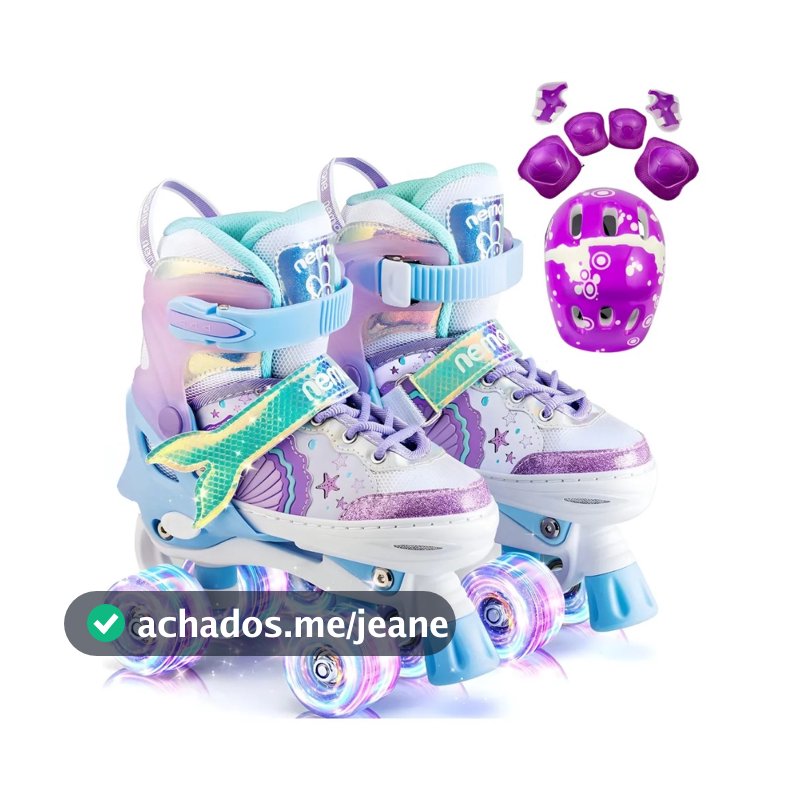 Patins 4 Rodas Infantil Ajustável Arco Íris, Sereia, Dinossauro TODOS c Led nas Rodas e Kit Proteção