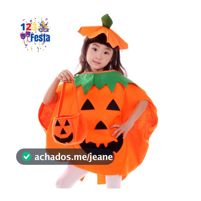 Fantasia De Halloween INFANTIL Estampa De Abóbora + Chapéu = 50 cm de comprimento