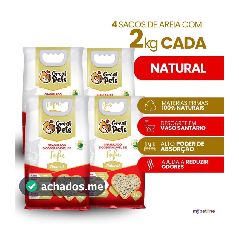 Areia Gatos Tofu 2kg Granulado Biodegradável Higiênico Natural Great Pets