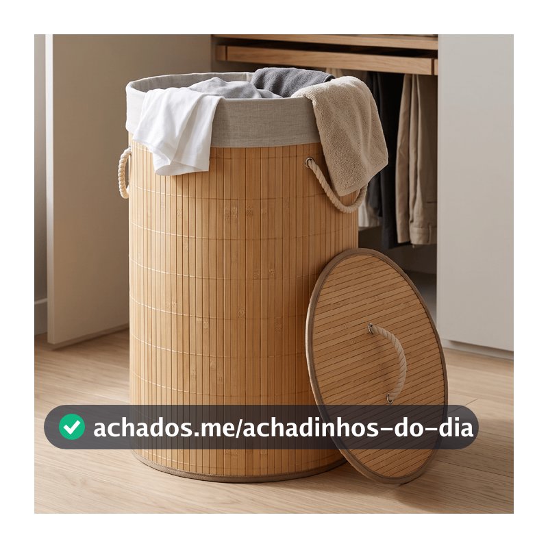 Cesto De Roupa Suja Bambu Dobrável Redondo 57L Grande Organizador Forrado Tampa Alças Banheiro Lavanderia Multiuso