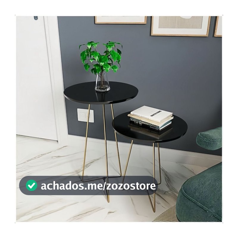 Kit 2 Mesas Laterais Redondas Pés Tripé Ferro Dourado Mesa de Apoio Sala Quarto Hall de Entrada