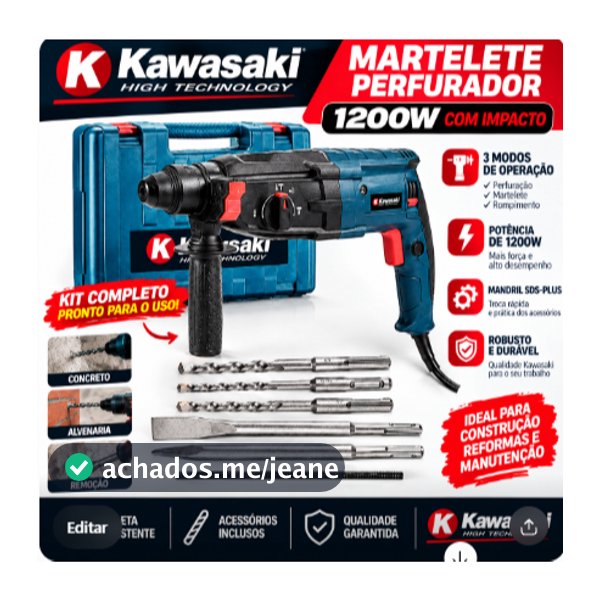 Martelete 5kg Furadeira 1200w Rotativo Rompedor Demolidor Maleta e Brocas Ponteira Talhadeira