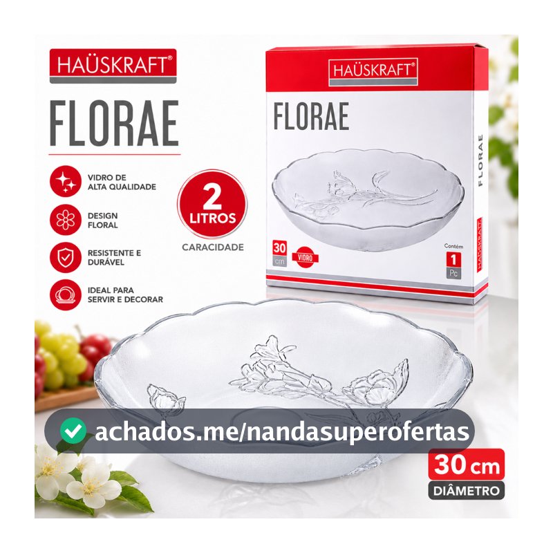Fruteira Saladeira Em Vidro Florae Centro De Mesa Luxo 30CM Hauskraft