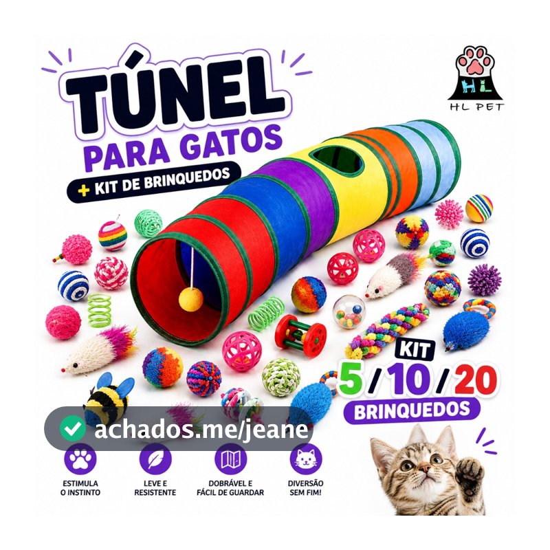 KIT Túnel Para Gatos com 5/10/20 Brinquedos Interativos Colorido Dobrável Pet HL PET