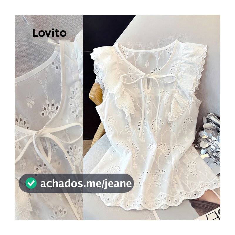 Lovito Blusa Branca Casual Com Babados Mangas Curtas Decote Em V Com Recorte E Bordado Inglês Para O Dia a Dia Na Primavera/verão Feminina LR38E037