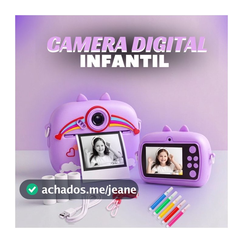 Câmera Digital Infantil com Impressão Instantânea com Papel e Canetinhas Coloridas Imprime na Hora