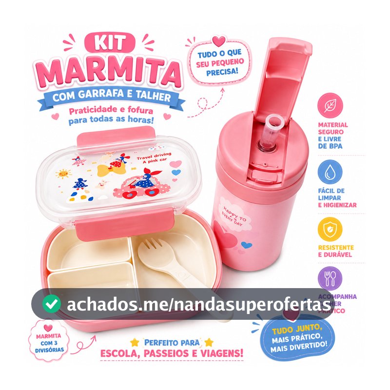 Kit Marmita Infantil com Copo 250ml Canudo e Cordinha Talher e 3 Divisórias Removíveis Escolar Fácil