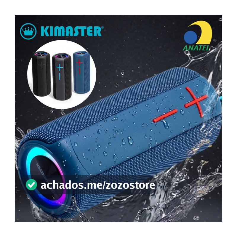 Caixa de Som Bluetooth Resistente à Água  Bateria 10 Hr Kimaster 18W com Alça, LED RGB USB Rádio FM