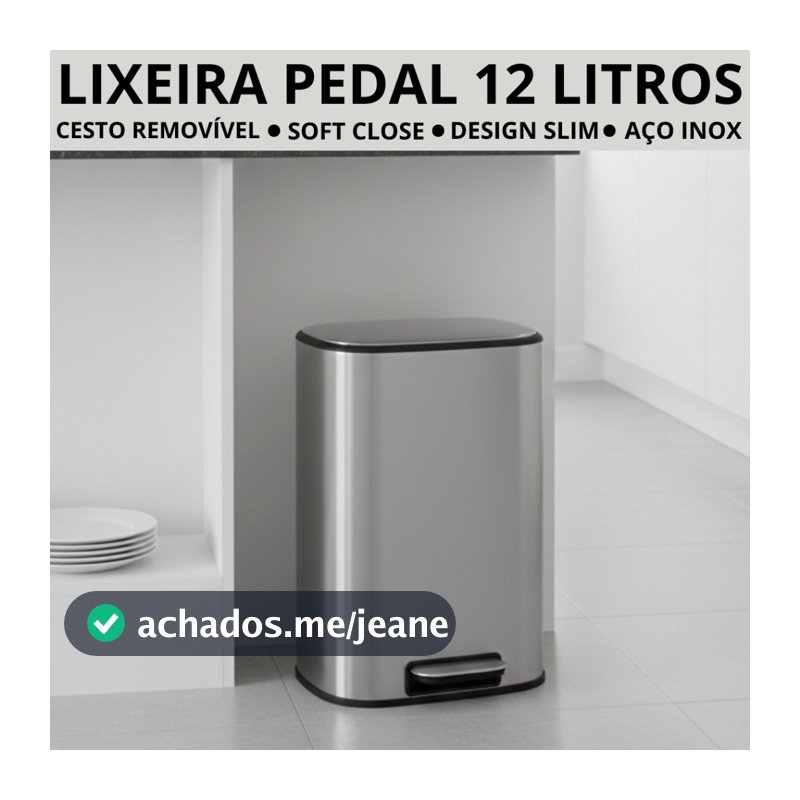 Lixeira Pedal Slim Cozinha Banheiro Inox Escritório Fechamento Suave 12 Litros com Cesto