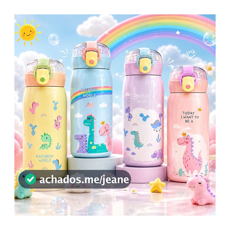 Garrafa Térmica Infantil 450ml Aço Inoxidável com Trava de Segurança Estampa Dinossauro Sem BPA