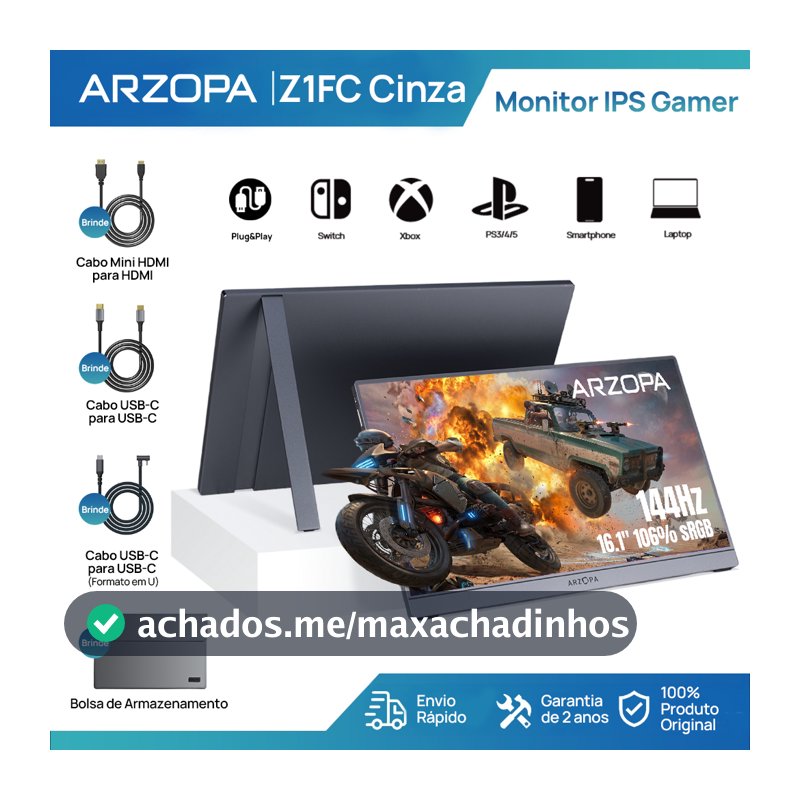 Monitor Gamer Portátil ARZOPA 16.1" 1080P, 144Hz, 106% sRGB, HDR, para Mac, PC, Switch e PlayStation