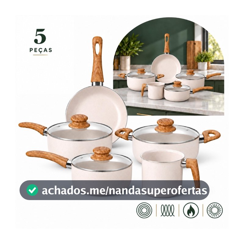 Kit Jogo 5 Peças Panelas Fogão Indução Elétrico Gás Conjunto Revestimento Cerâmico Alumínio Tippi