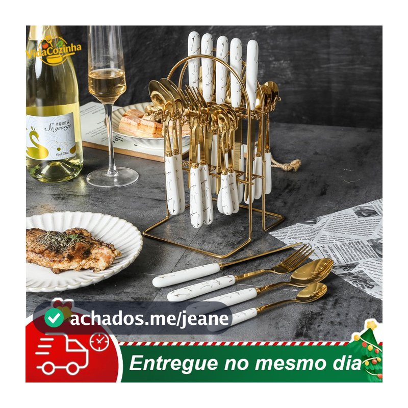 Kit 24 peças Talher Talheres Colher Garfo Faca Luxo Linha Ouro