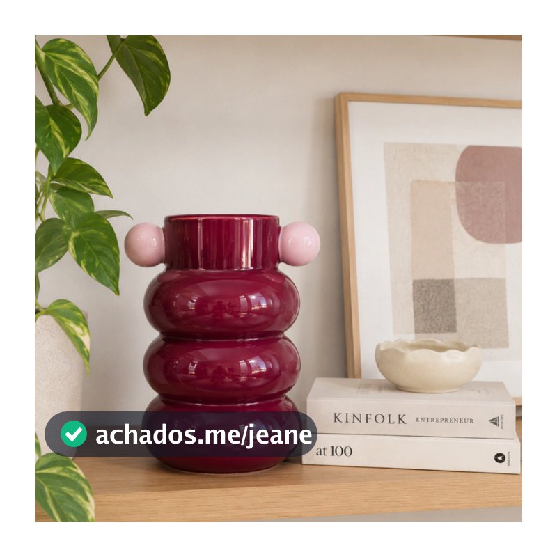 Vaso de Cerâmica Decorativo Cachepot Orgânico Ondulado Bordô Detalhe Bolas Rosas Loop 22,5X18X29CM