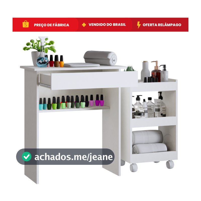Kit Manicure Mesa com Gaveta para Equipamentos de Unha + Armário de Esmaltes com Rodinhas