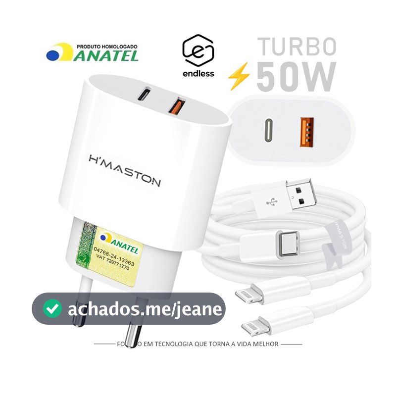 Carregador Turbo 2 Saídas Fonte 50W 2 Entradas USB e USB-C com Cabo Lightning Ultra Rápido