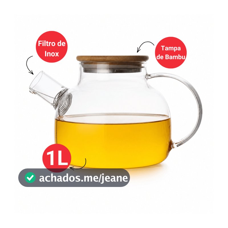Chaleira de Vidro Borossilicato 1L para Chá e Café com Tampa de Bambu e Filtro Inox Premium