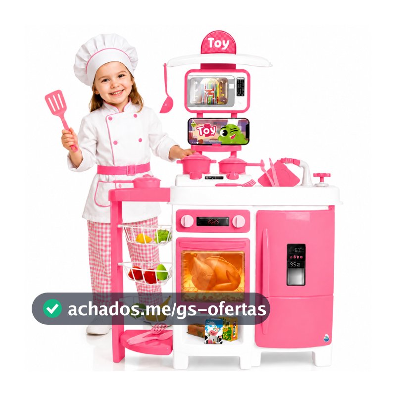 Cozinha Infantil Grande Com Geladeira Completa 92 CM Sai Água de Verdade Fruteira Forno Fogão Rosa