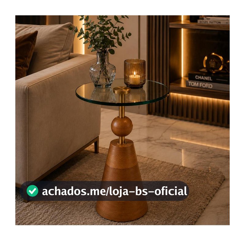 Mesa Lateral Elegante Vidro Temperado e Madeira Maciça