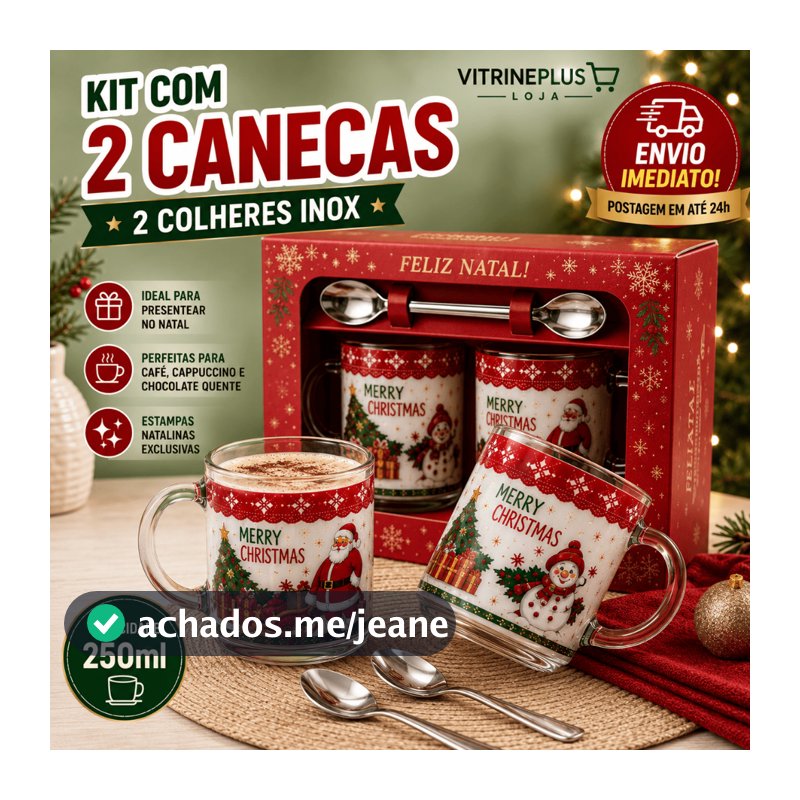 Kit Presente Natal  2 Canecas de Vidro 250ml e 2 Colheres Inox Estampas Natalinas