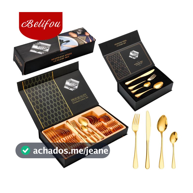 Belifou Kit 24 Conjunto De Talheres De Ouro Com Conjunto De Faca E Garfo Caixa De Presente