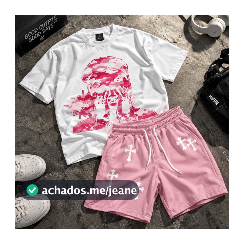 Kit Camiseta e Bermuda Rosa Bebê Estilo Y2K Streetwear Unissex Estampa A Fashion Korean Camisa