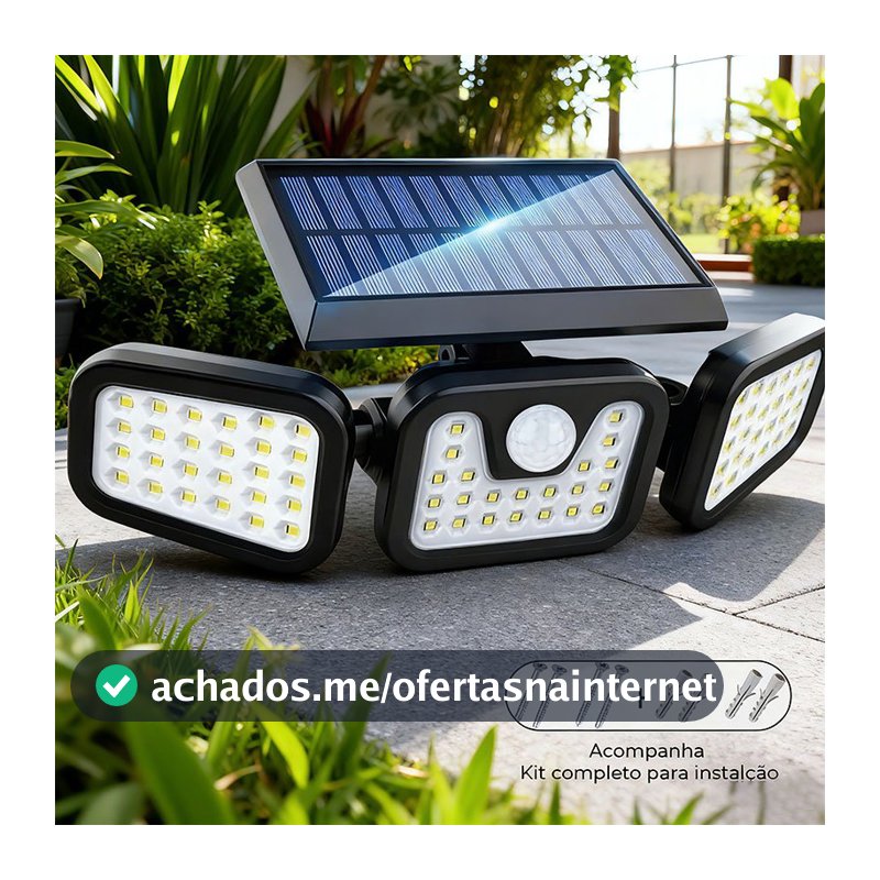 Refletor Grande de 122Led com Painel Solar Giratório Sensor de Movimento