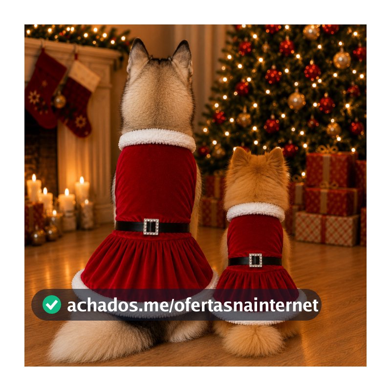 Vestido Natalino Pet Mamãe Noel Cachorro Pequeno Grande com Pelúcia Cinto Roupa de Natal Cães