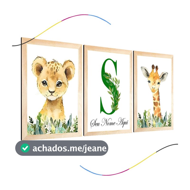 quadro decorativo infantil safari girafa leão personalizado 3 peças