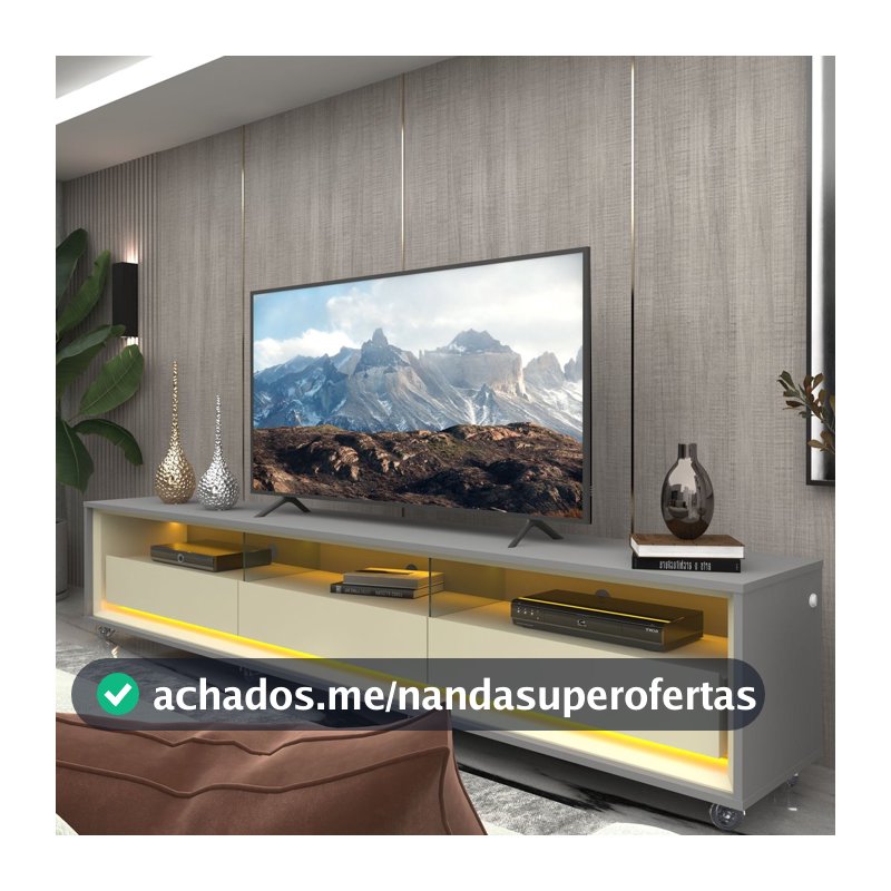 Rack para TV até 85 Polegadas com LED 100% MDF 211,4cm Rodízios Requinte Yescasa Cinza Cinza/Off White