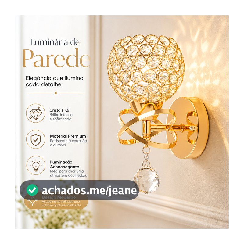 Arandela Dourada Cristal K9, Soquete E27 Sem Lâmpada, Luminária de Parede Decorativa para Quarto e Sala