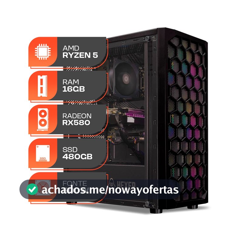 PC Gamer Forge, AMD Ryzen 5 5500, Radeon RX 580 8GB, 16GB DDR4, SSD 480GB, Fonte 500W 80 Plus
