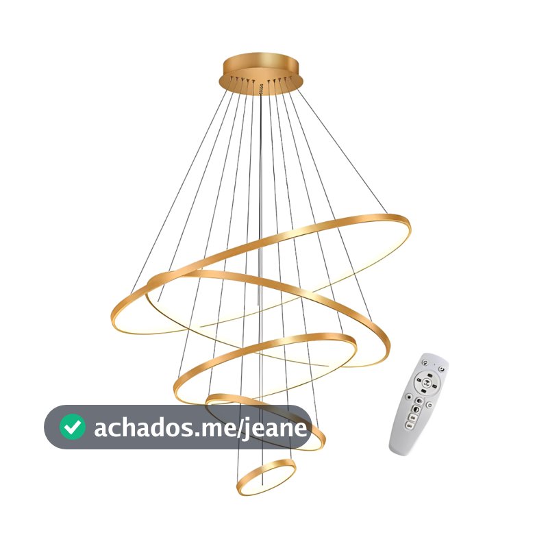 Lustre Led Luminária Pendente 5 Arcos Moderno Anéis Dourado Bivolt 160W Com Controle Remoto