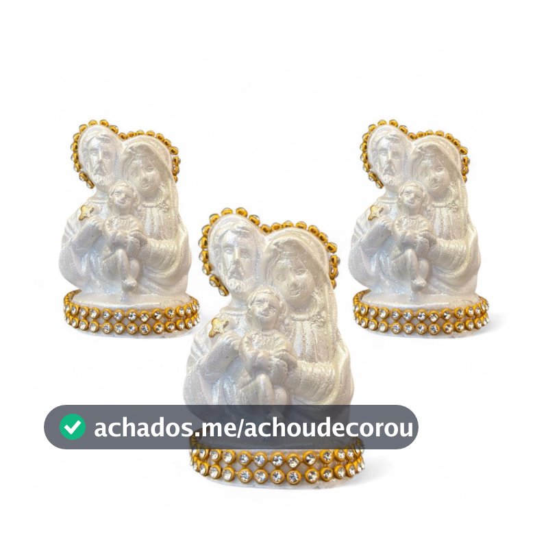 Kit Com 3 Imagem Sagrada Família 7cm Gesso Perolado com Strass Dourado Decoração Religiosa
