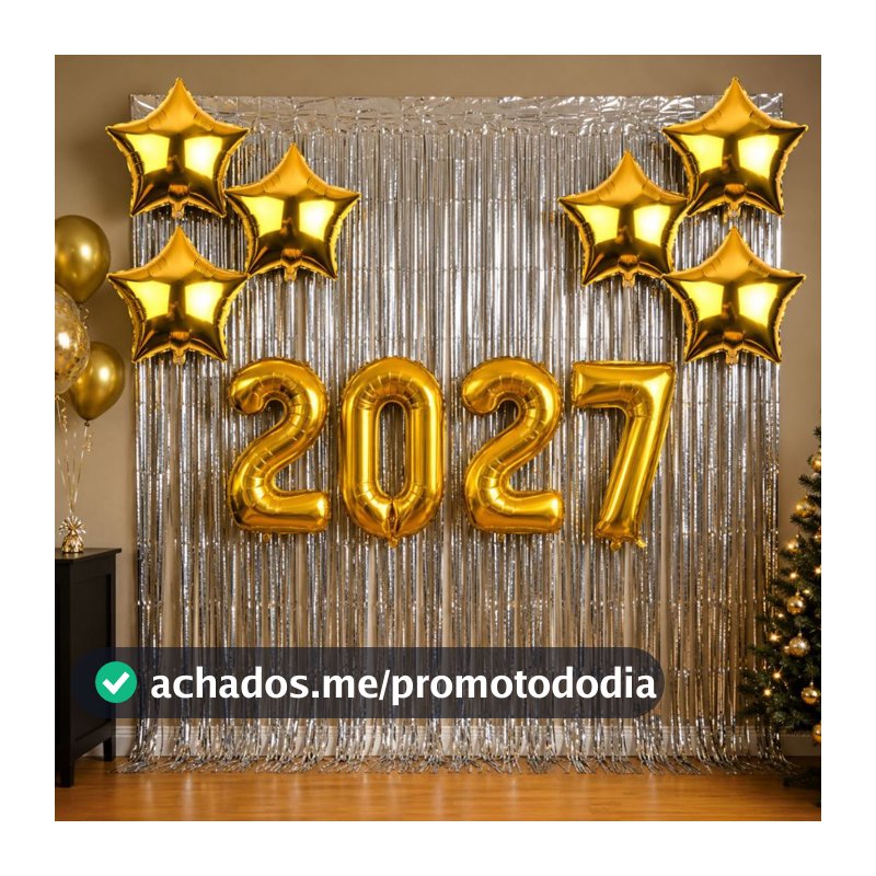 Kit 2027 Decoração Ano Novo + 2 Cortinas Metalizadas 1x2m + 6 Balões Estrela