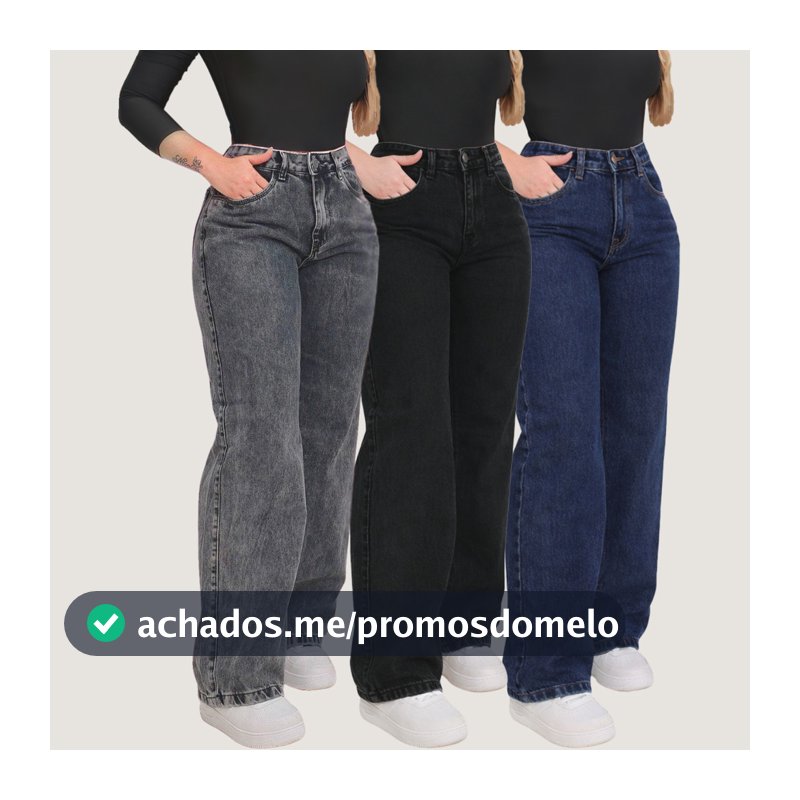 Kit 3 Calça Jeans Wide Leg  Pantalona Cintura Alta Jeans