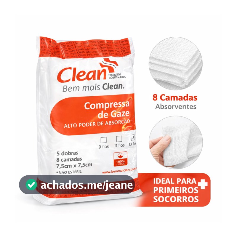 Compressa de Gaze Hidrófila 13 Fios 100g Clean Não Estéril Limpeza Curativo
