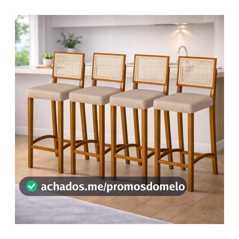 Kit Banquetas Altas de Madeira com Encosto Rattan e Assento Estofado Cozinha Bancada Área Gourmet