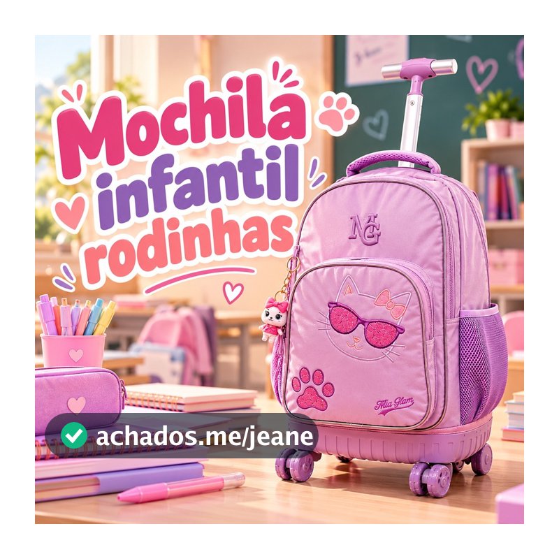 Mochila infantil com rodinhas, mochila com carrinho, mochila fofa com desenho de gato