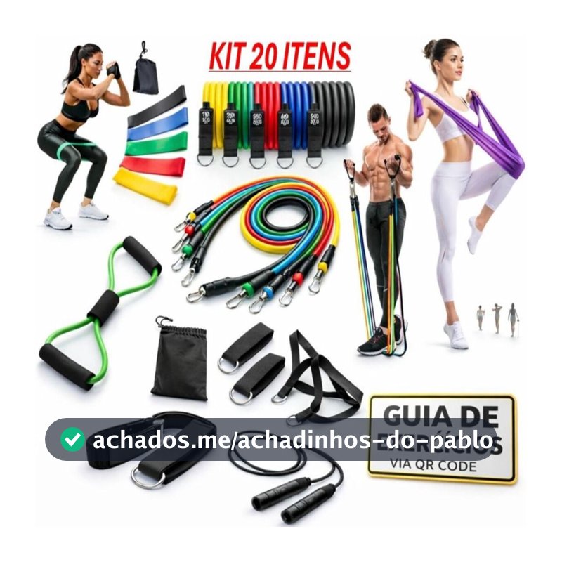 Kit 20 Itens Treino em Casa: Elásticos Extensor + Mini Band + Thera Band + Corda De Pular + Guia de Exercícios Exclusivo