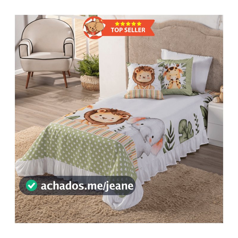 Kit Colcha Cobre - Leito 06 peças 1,70x2,30 Safari Baby Ideal p/ Decoração Quarto Infantil Solteiro