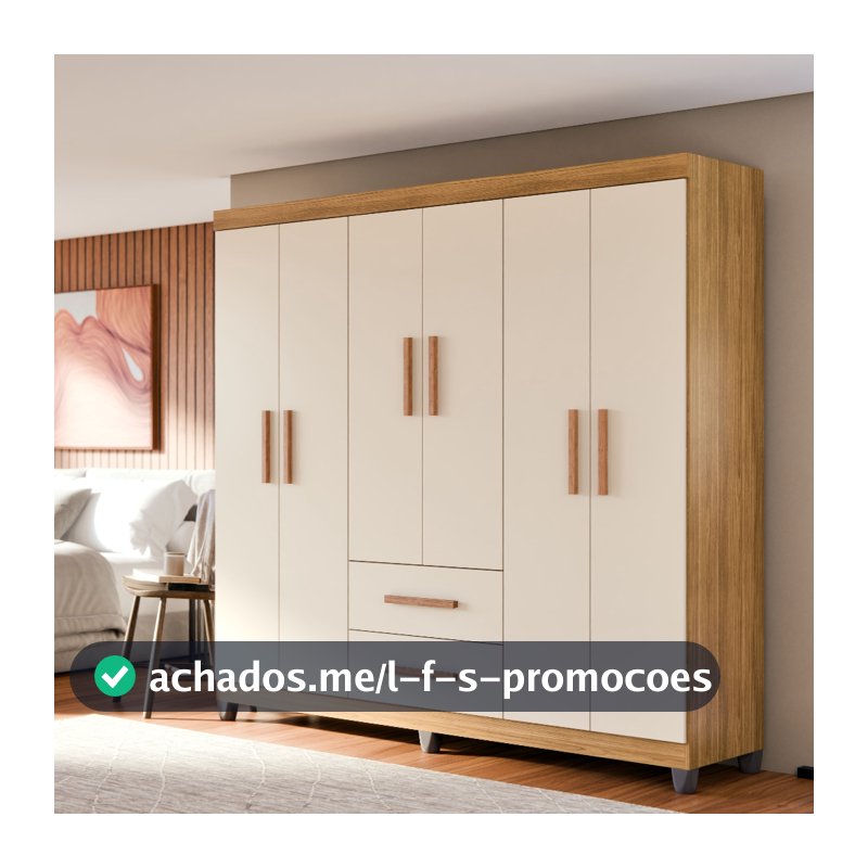 Guarda Roupa Casal Lite 6 Portas 2 Gavetas Cabideiro Prateleiras MDF Multiuso Para Quarto Infantil