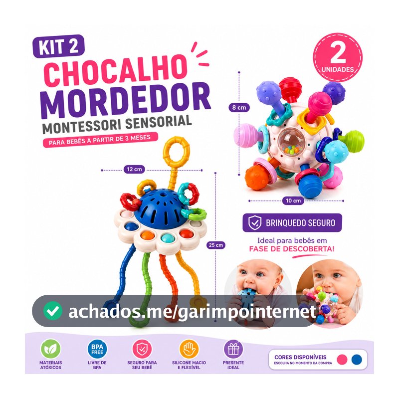 Kit Chocalhos Mordedores Bebê Montessori Sensorial Silicone BPA Free Brinquedo Educativo Coordenação Motora